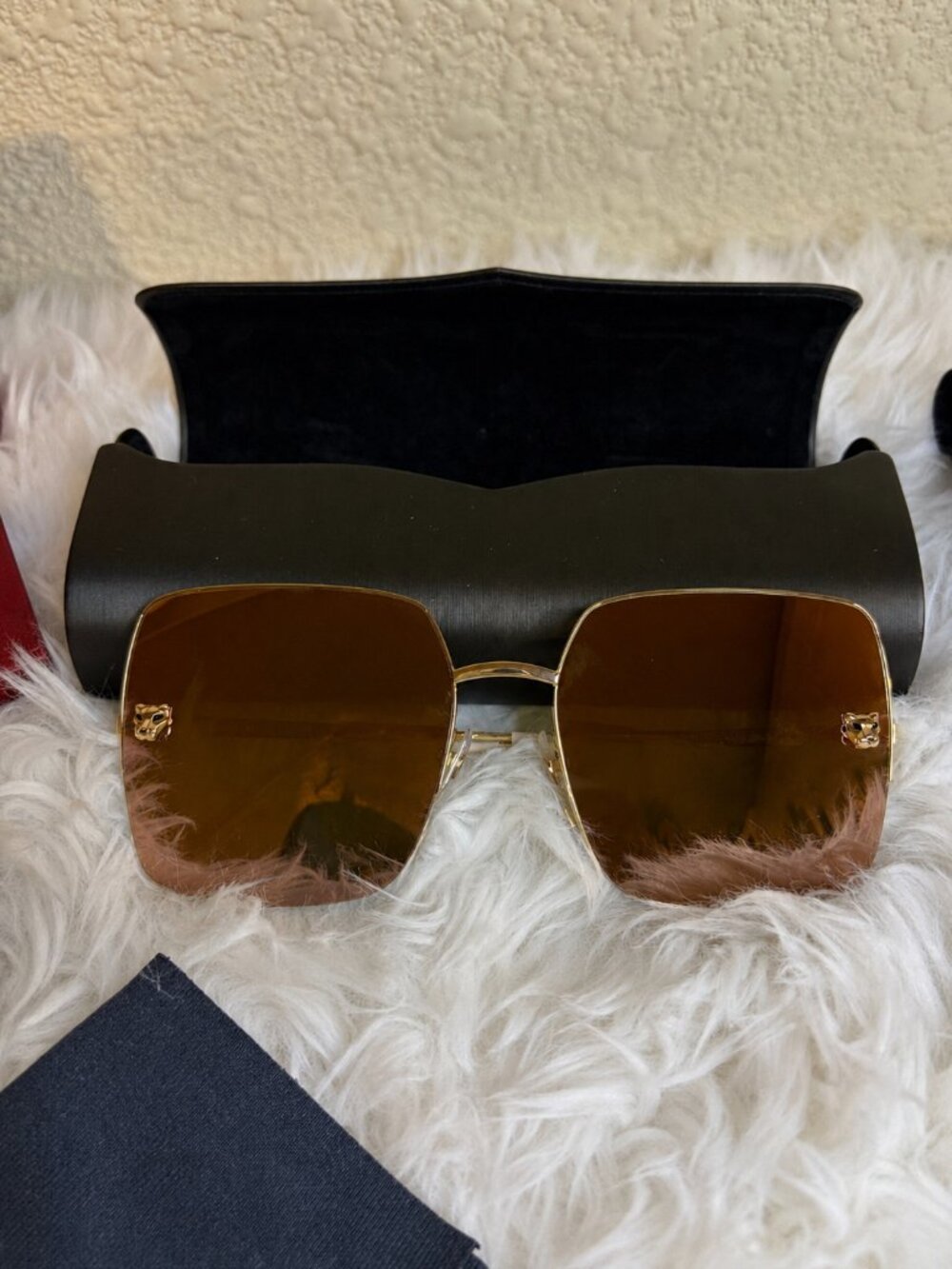 Authentic NEW Cartier Gold Rimless Brown Gradient Panther Sunglasses w/ Case